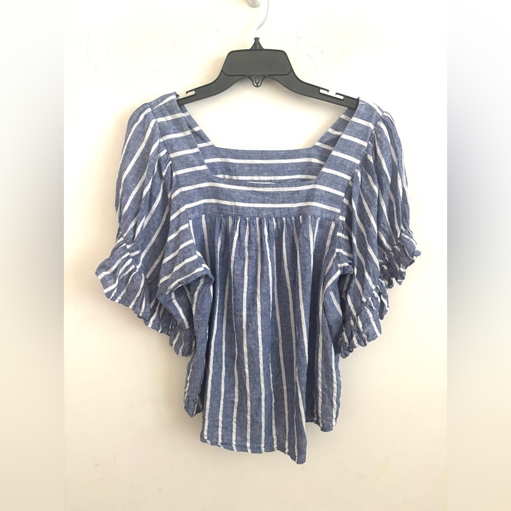 Coastal Blouse Linen Blend Striped Medium Puff Sleeve Milkmaid Boho Cottagecore
